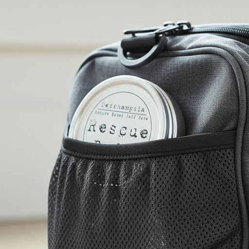 Rescue Balm tin tucked into a black travel bag