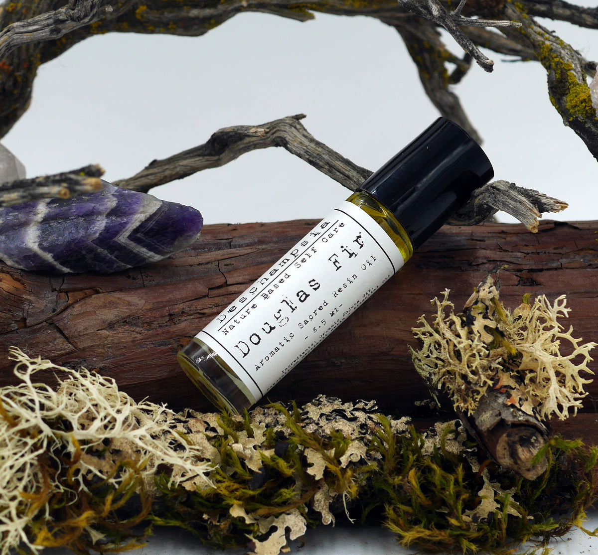 Douglas Fir perfume oil bottle on bark with amethyst and lichen