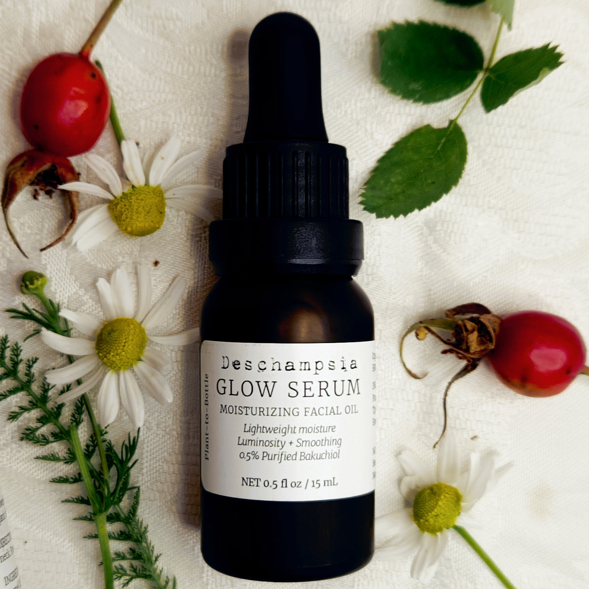 Deschampsia Glow Serum 15 mL dropper bottle surrounded by chamomile flowers, rosehips and rose leaves.