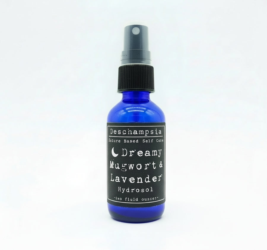 Dreamy Mugwort & Lavender Hydrosol in a blue glass bottle